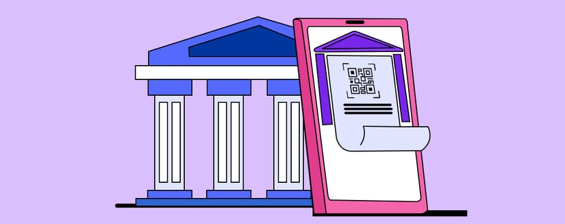 A graphic of a bank set behind a tablet with a picture of a bank and a QR code on it representing banking as a service vs. open banking.