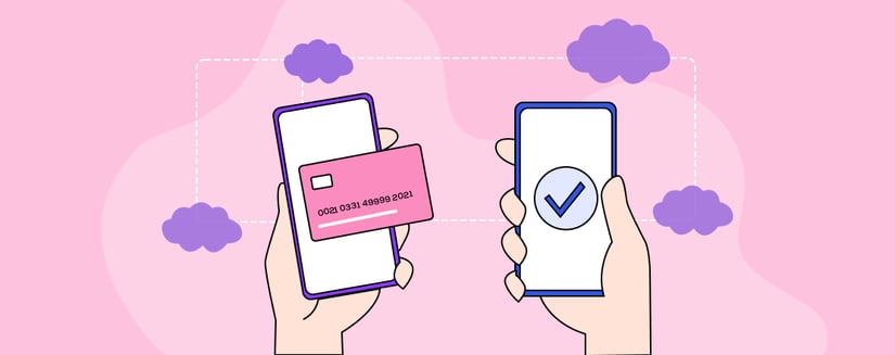 A graphic of two hands holding phones, one with a credit card on the screen and one with a checkmark, all surrounded by clouds representing embedded lending.
