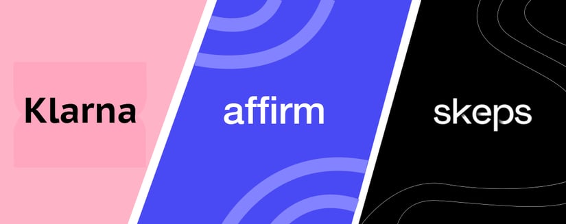 A graphic with the words Klarna, affirm, and skeps written on it representing a Klarna vs. affirm vs. skeps comparison