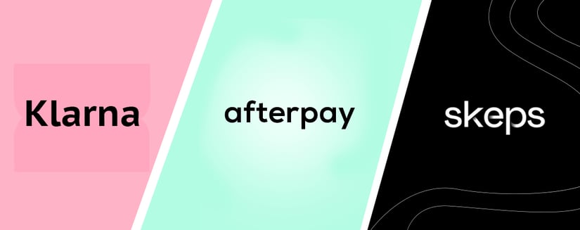A graphic with the words Klarna, afterpay, and skeps written on it representing a Klarna vs. afterpay vs. skeps comparison