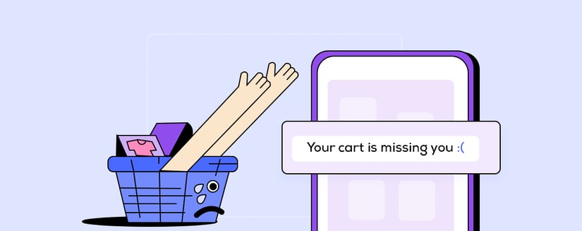 Hands reaching from a shopping basket with the words your cart is missing you written on a phone representing how to reduce abandoned carts