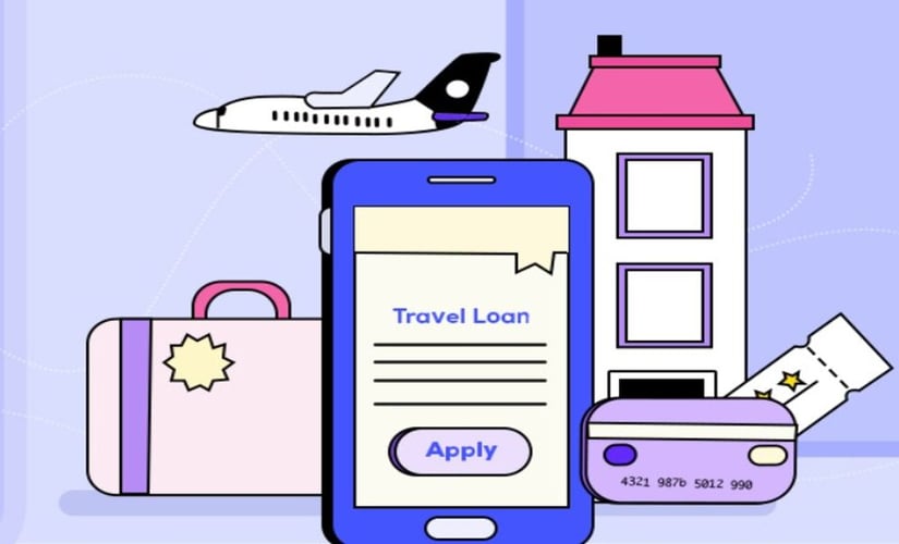 A graphic with a phone and the words travel loan written on the screen representing travel payment trends.