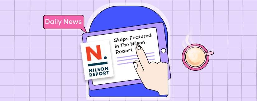 An image of a hand pointing to the words Skeps Featured in the Nilson Report written on an Ipad.