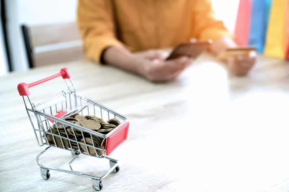 Consumer financing for merchants represented as shopping cart containing coins and customer purchasing items via mobile phone.