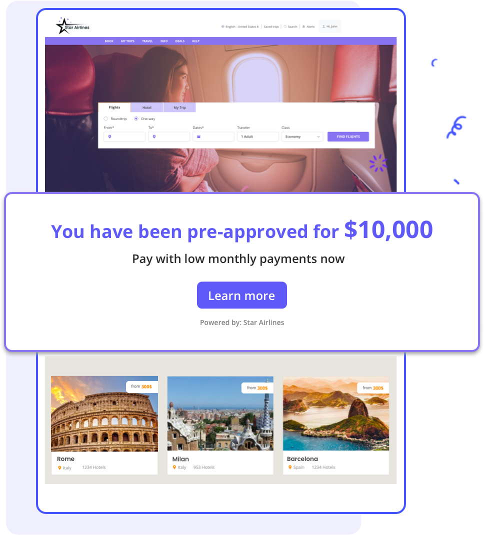 Pre-approved offers to promote travel financing.
