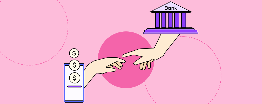 A phone with a hand and money coming out of the screen reaching out to touch a hand that is coming out of a banking institution representing fintech companies disrupting banks