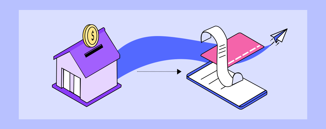 A graphic of a bank with an arrow pointing to a phone, credit card, and a receipt representing banking as a service