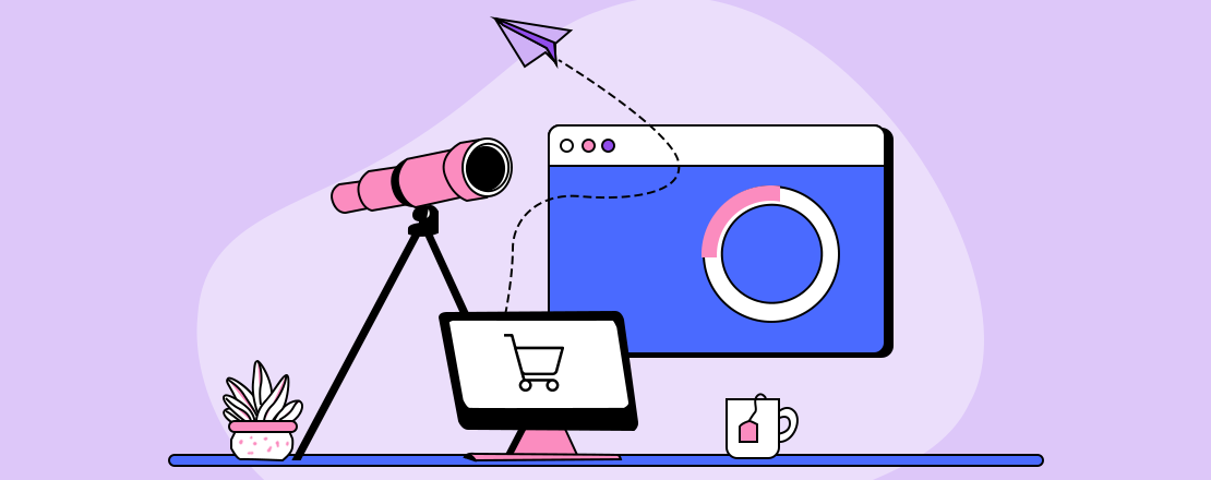A graphic of a shopping cart on a screen with a telescope spotting a paper airplane representing ecommerce growth