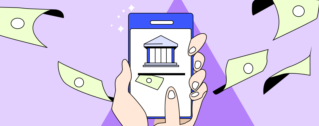 A graphic of a person holding a cell phone with a picture of a bank on it representing digital lending solutions.