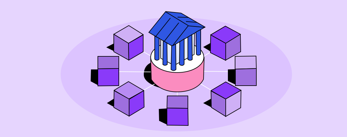 A graphic of a bunch of blocks surrounding a banking institution connected by straight lines