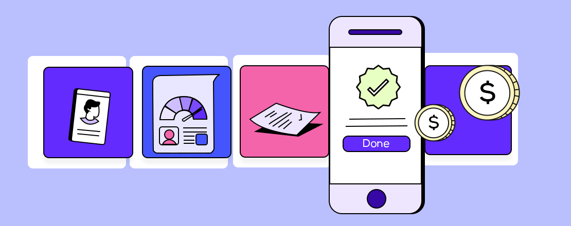 A graphic illustrating the steps of a loan origination platform from customer inquiry to loan disbursement.