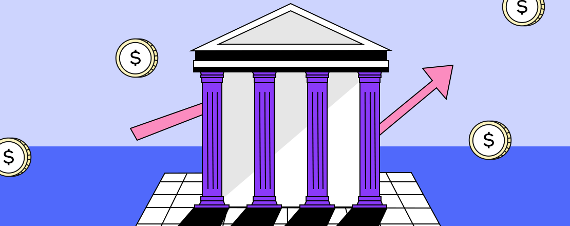 A graphic of a bank surrounded by money with an arrow on an upward trajectory behind it representing fintech and banking