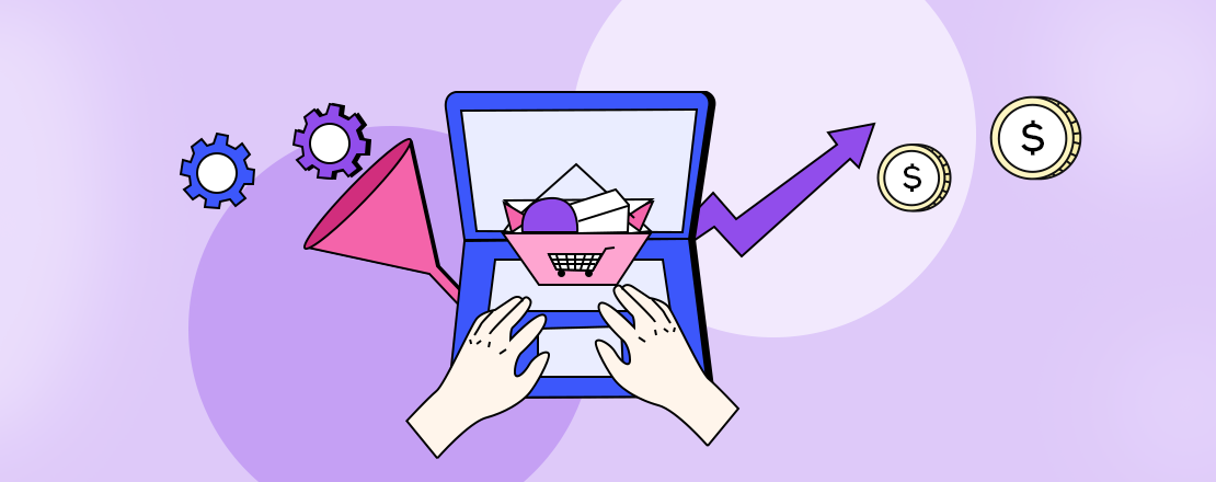 A graphic of a laptop and online shopping cart with an upward arrow representing how to increase conversion rate for online stores.