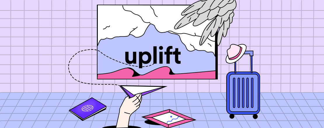 Uplifts buy now pay later program is written on a screen with a hand throwing a paper airplane in front of it.