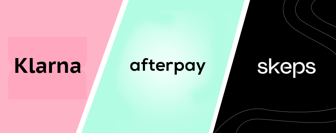 A graphic with the words Klarna, afterpay, and skeps written on it representing a Klarna vs. afterpay vs. skeps comparison.