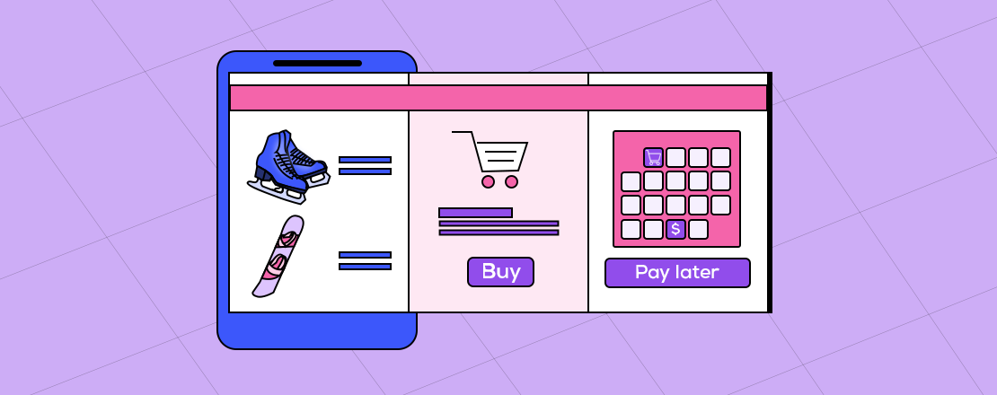 A graphic of a tablet with three screens, one with sporting goods, the second with a cart, and the third with buy now pay later representing sporting goods financing