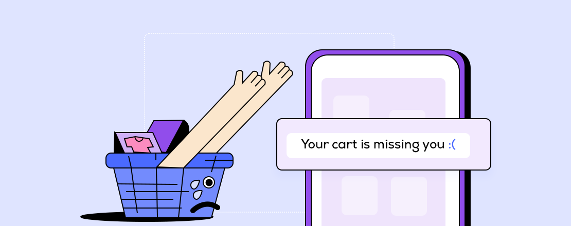 Hands reaching from a shopping basket with the words your cart is missing you written on a phone representing how to reduce abandoned carts