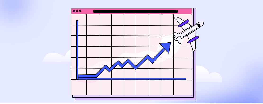  A plane on an accending graph line representing travel trends in 2022.