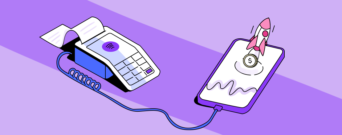 A graphic depicting a point-of-sale machine plugged straight into a cell phone representing embedded finance