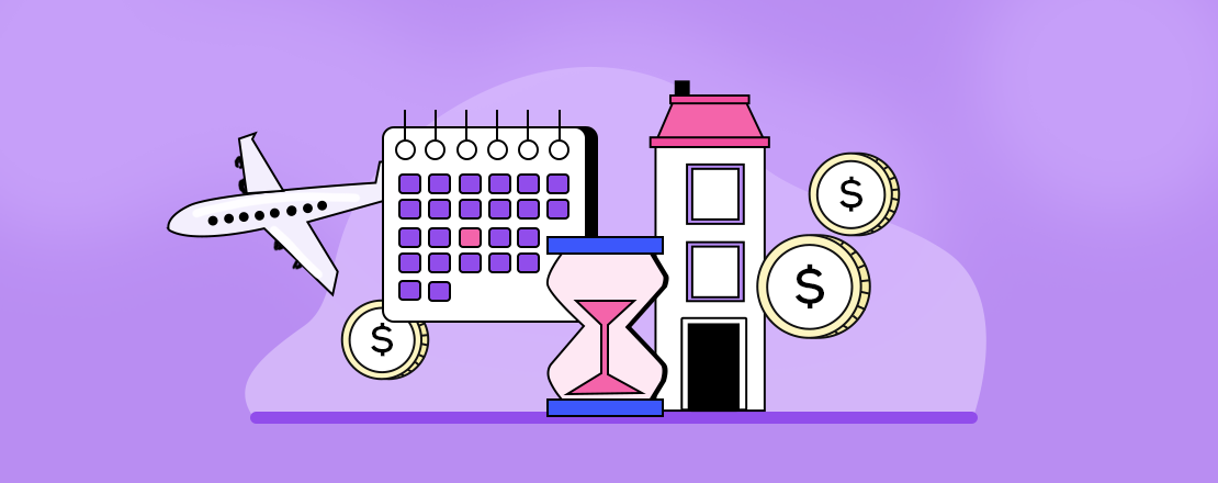 A graphic of a plane and a hotel with some money coins representing how to offer payment plans to customers in the travel industry.