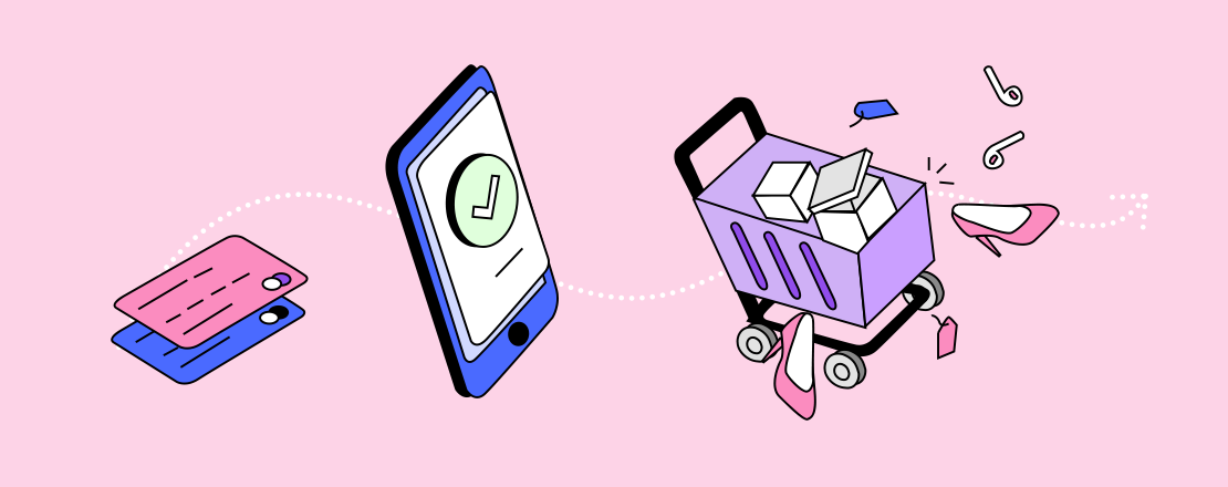  A graphic of credit cards linking to a phone linking to a full shopping basket representing ecommerce payment trends.