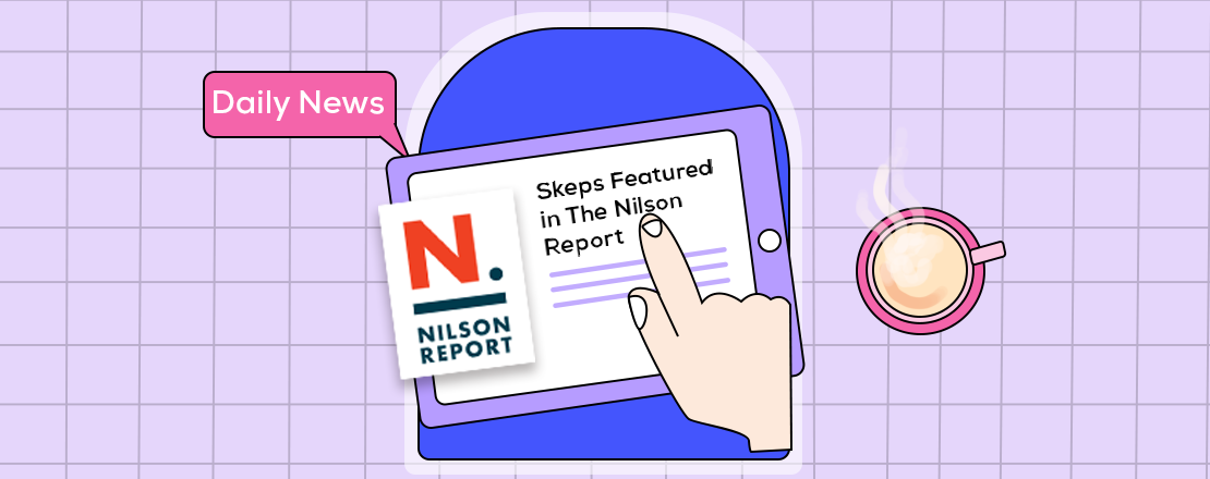 An image of a hand pointing to the words Skeps Featured in the Nilson Report written on an Ipad.