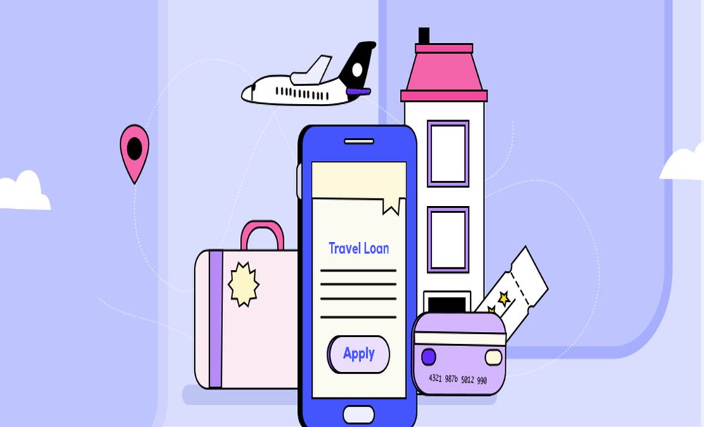 A graphic with a phone and the words travel loan written on the screen representing travel payment trends.