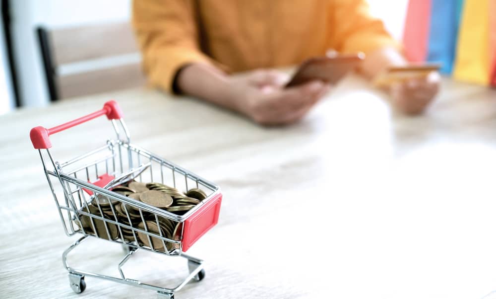Consumer financing for merchants represented as shopping cart containing coins and customer purchasing items via mobile phone.