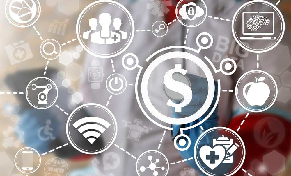 Graphical representation of patient financing programs, including medical logos, dollar signs, and other digital symbolism.