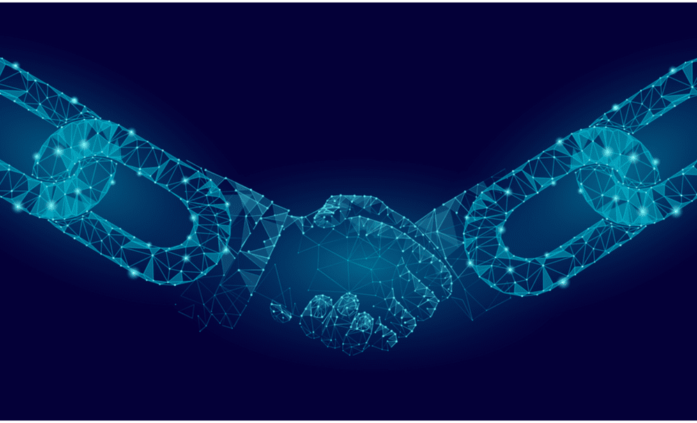 Digitized image of two chains connecting with a handshake, representing how blockchain can benefit different industries.